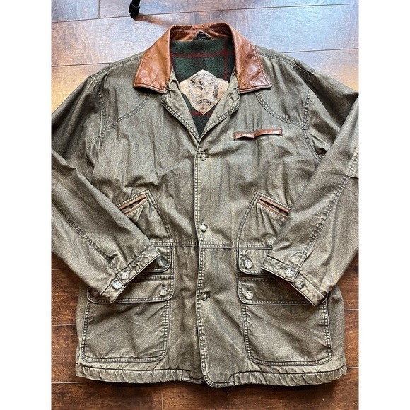 Vintage Willis & Geiger Wool Lined Hunting Chore Pocket Leather Trim Jacket L - Picture 1 of 13